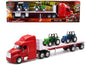 Peterbilt 387 Flatbed Truck Red with 2 Farm Tractors Blue and Green "Long Haul Trucker" Series 1/32 Diecast Model by New Ray  free shipping USA