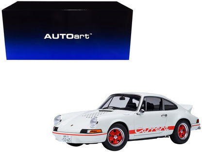 Porsche 911 Carrera 2.7 RS "The Circuit Wolf" White with Red Stripes and Wheels with Hood Graphics 1/18 Model Car by Autoart  free shipping USA