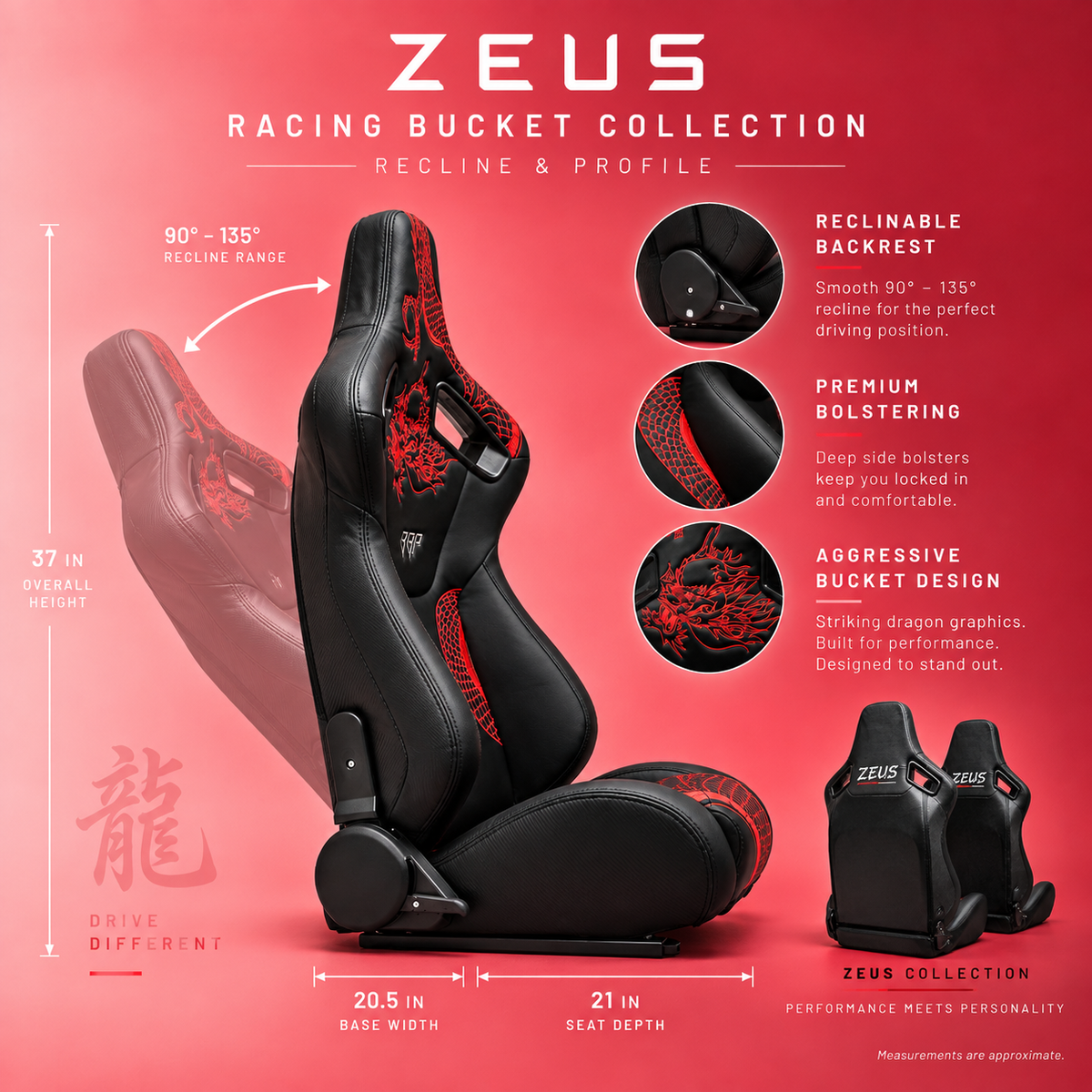 Ryujin Collection Red Dragon Reclinable Adjustable Racing Bucket Seat