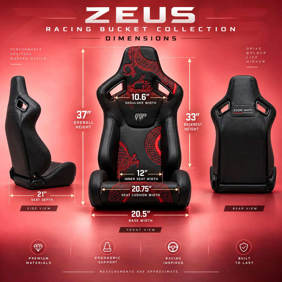 Ryujin Collection Red Dragon Reclinable Adjustable Racing Bucket Seat