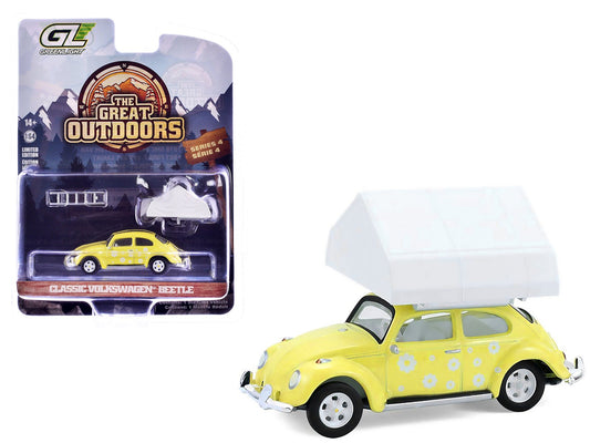 Volkswagen Classic Beetle Yellow with White Flower Graphics and Interior with Camp'otel Cartop Sleeper Tent "The Great Outdoors" Series 4 1/64 Diecast Model Car by Greenlight  free shipping USA