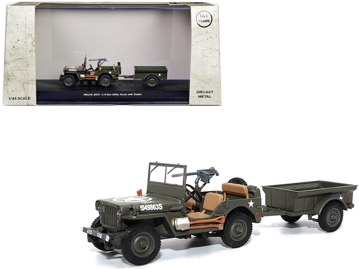 Willys Jeep 1/4-Ton Utility Truck Olive Drab with Trailer "United States Army" 1/43 Diecast Model by Militaria Die Cast  free shipping USA